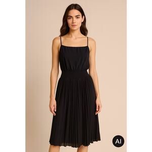 NWT Halogen Navy Dress Spaghetti Strap Pleated Bottom XS Luxury Timeless Preppy